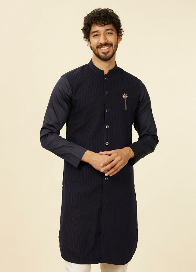 alt message - Manyavar Men Dark Blue Self Striped Kurta image number 0